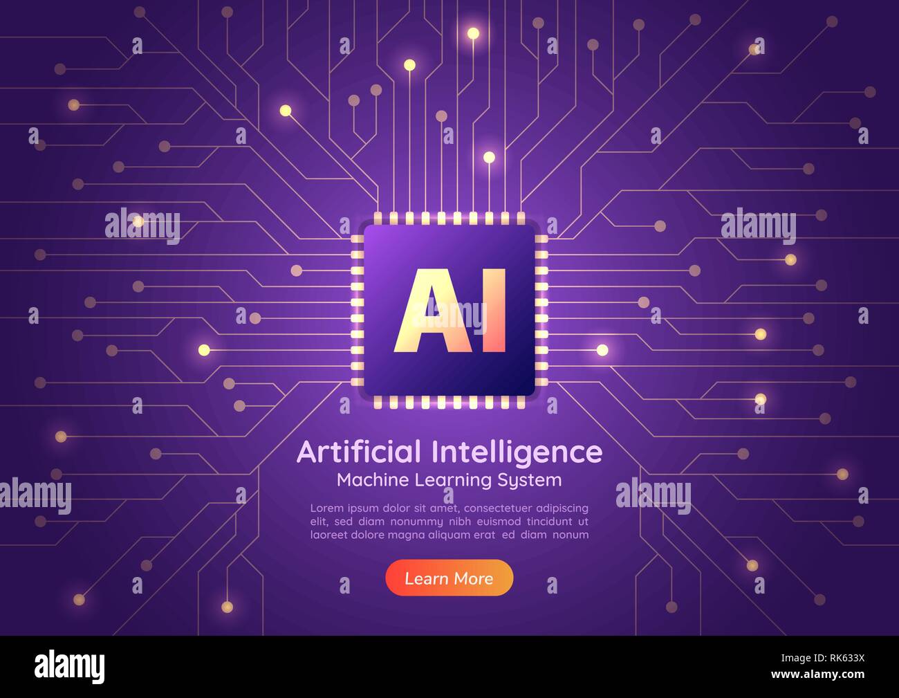 Web banner Artificial Intelligence AI chip on computer circuit board. AI and Machine learning concept landing page. Stock Vector