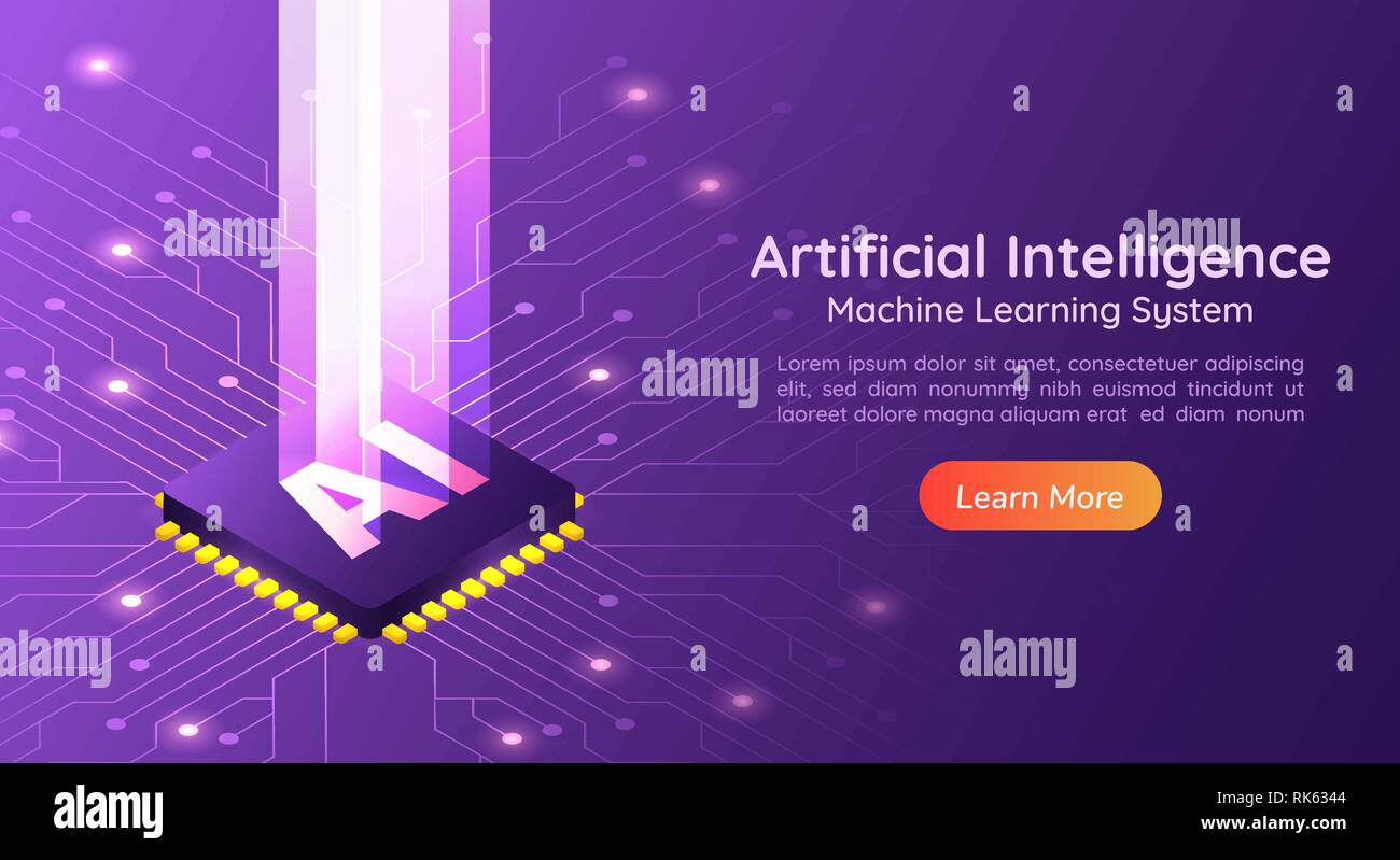 3d isometric web banner Artificial Intelligence AI with light pillar on computer circuit board. AI and Machine learning concept landing page. Stock Vector