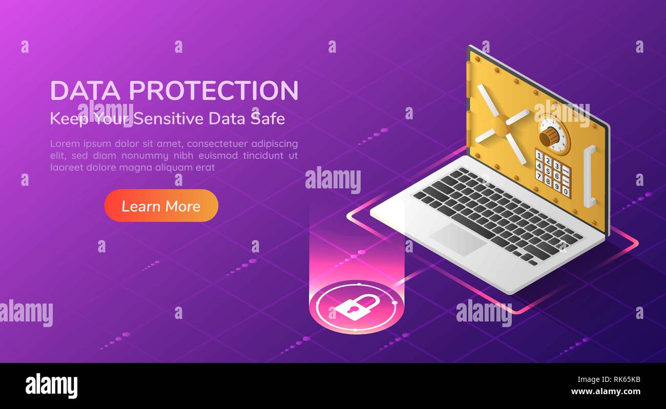 3d isometric web banner laptop with full option security system and vault door on the screen. Personal data security concept landing page. Stock Vector