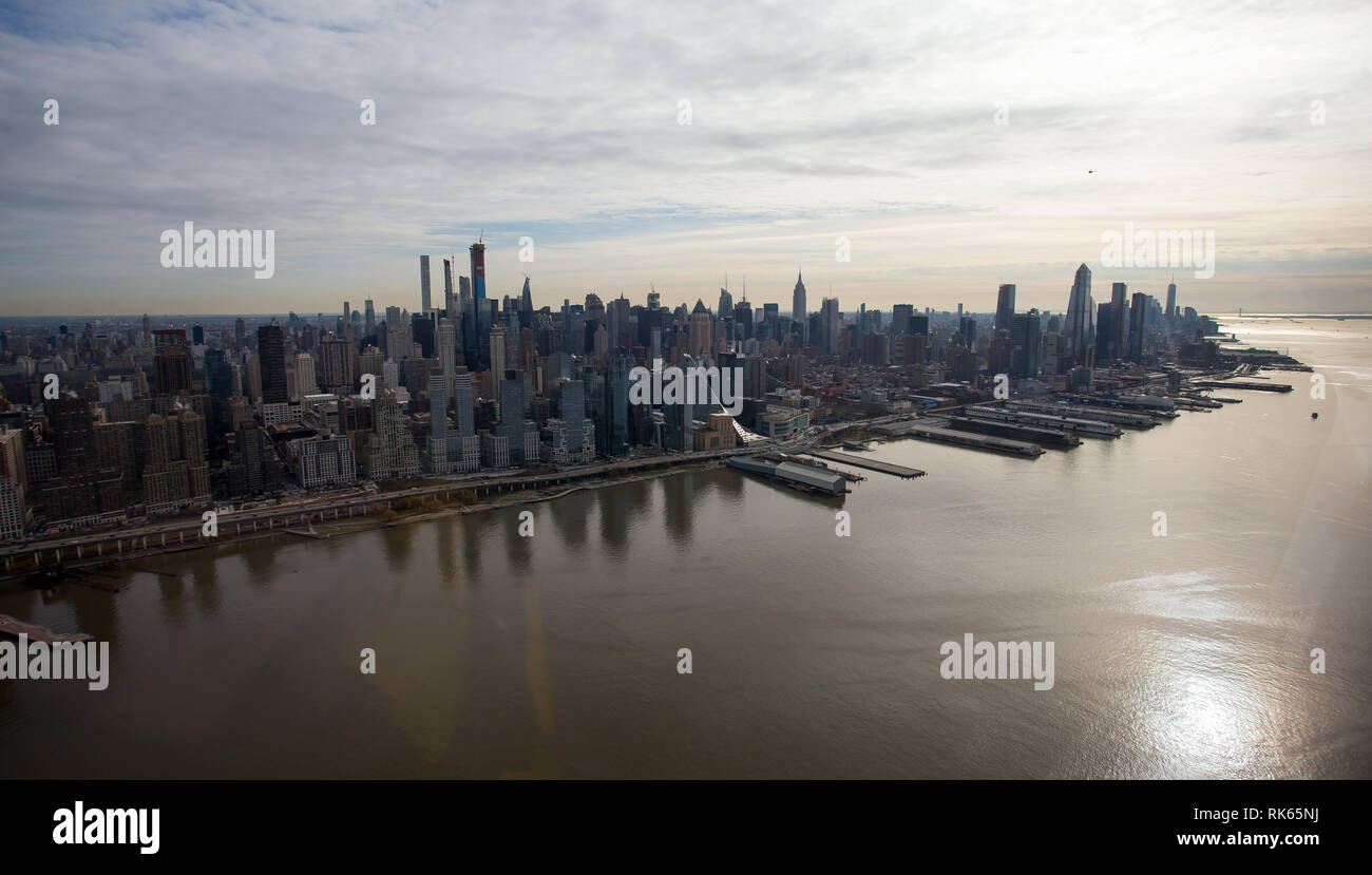 Aerial view of the upper west side and hell's kitchen and piers ...