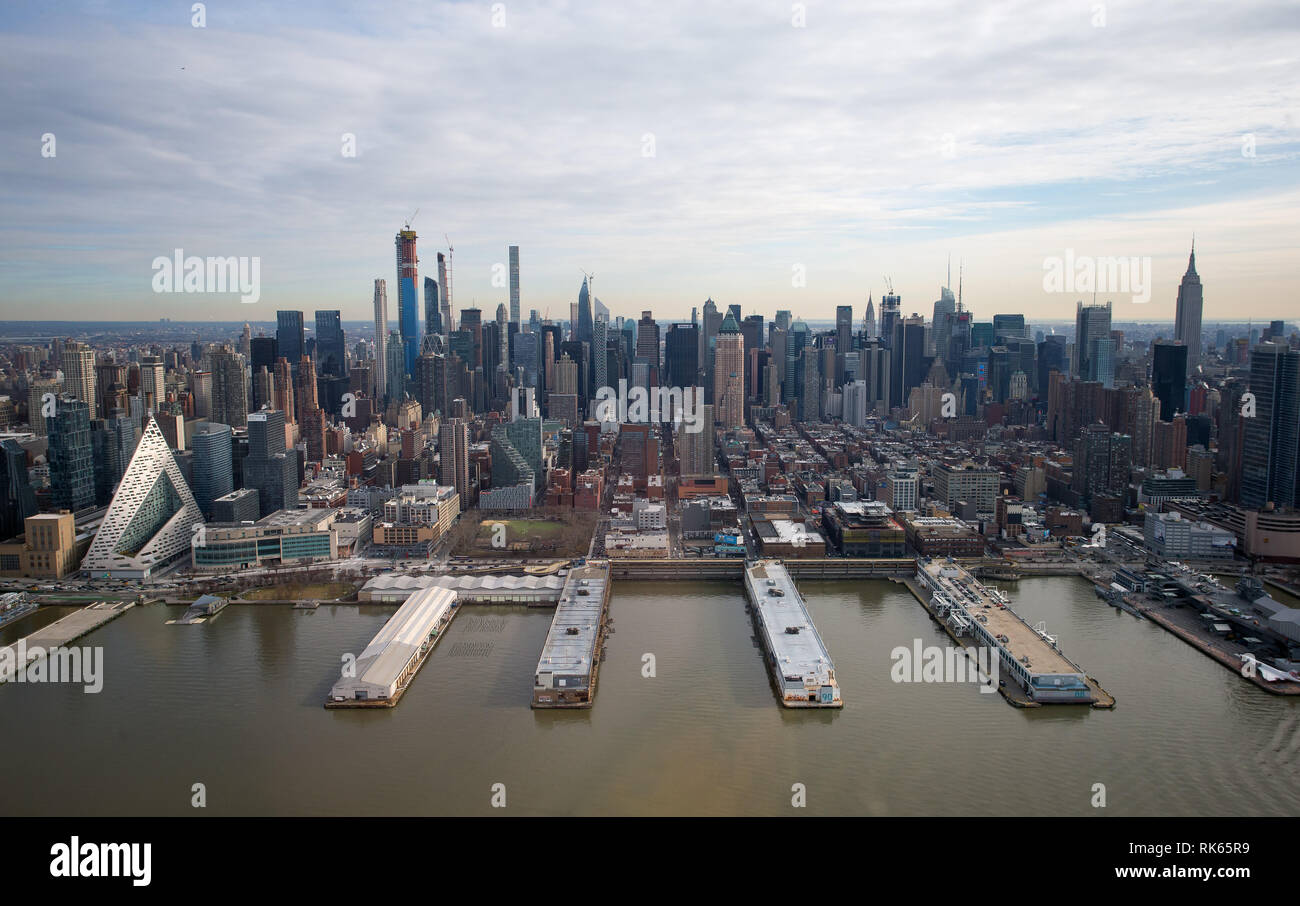 Aerial view of hell's kitchen and piers including VIA 57 West the pyramid, Manhattan, NY, USA, General View GV Stock Photo
