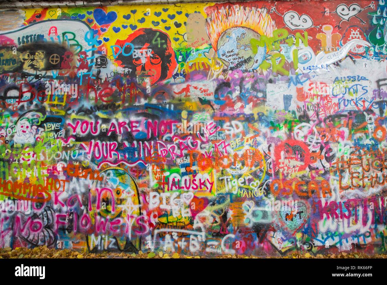 Lennon Wall or John Lennon Wall with colorful grafitti in Prague, Czech Republic Stock Photo