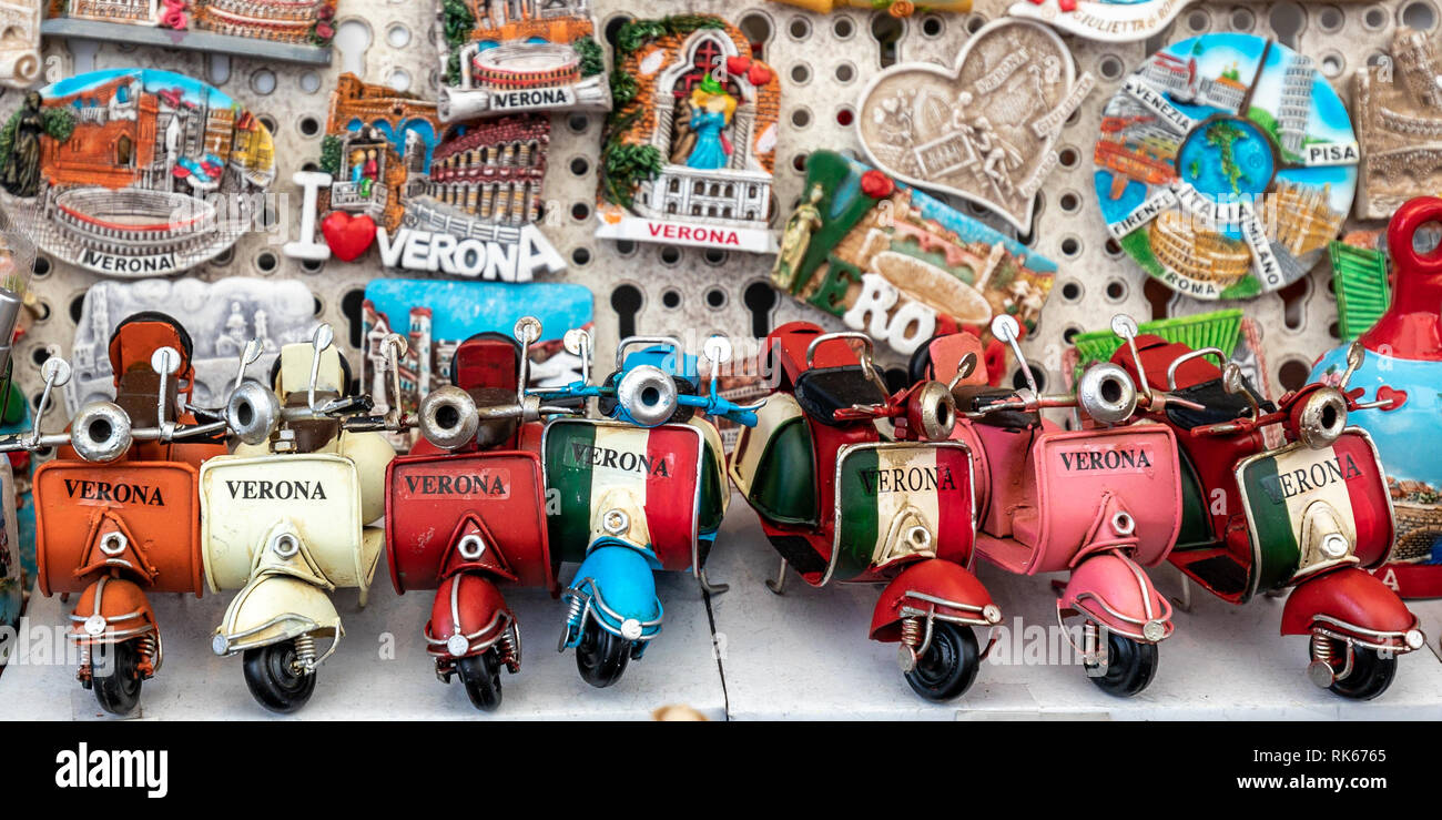 Verona scooters at a tourist gift souvenir stall, Verona, Italy Stock Photo