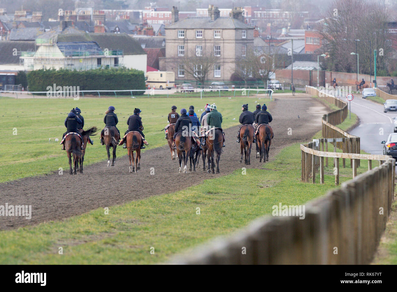 Horses and jockeys out training on Newmarket Gallops in Suffolk on Tuesday morning.Horse racing will resume on Wednesday after the equine flu outbreak Stock Photo
