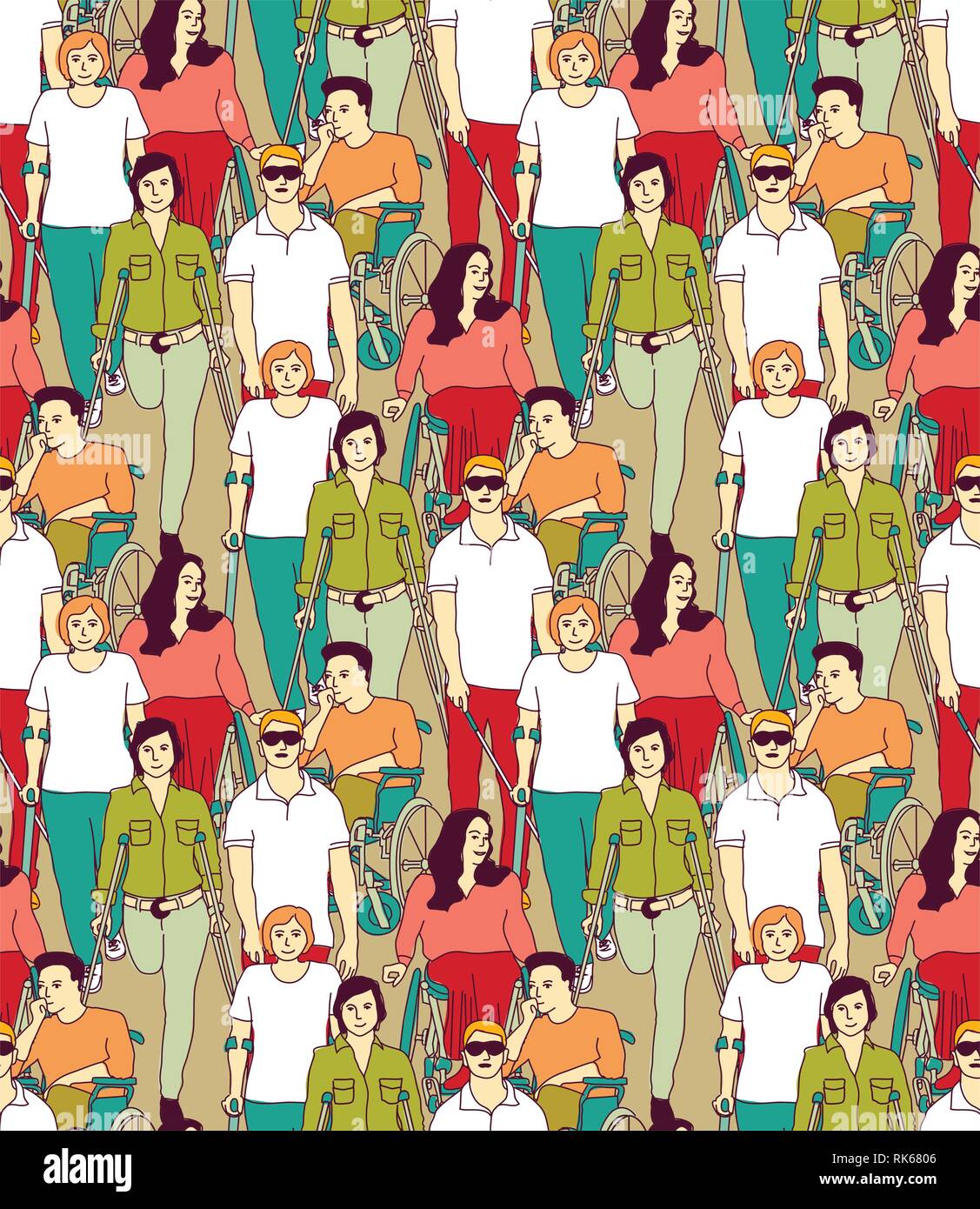 People with disabilities big group color seamless pattern Stock Vector