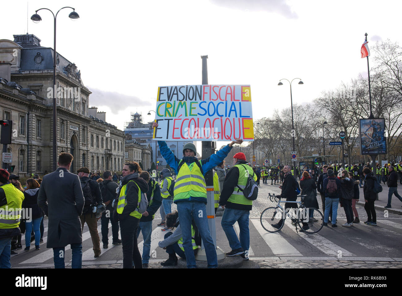 Paris, France. 09th Feb, 2019. Not paying fair taxes is a social and ecological crime, that's the sign written here Credit: Roger Ankri/Alamy Live News Stock Photo
