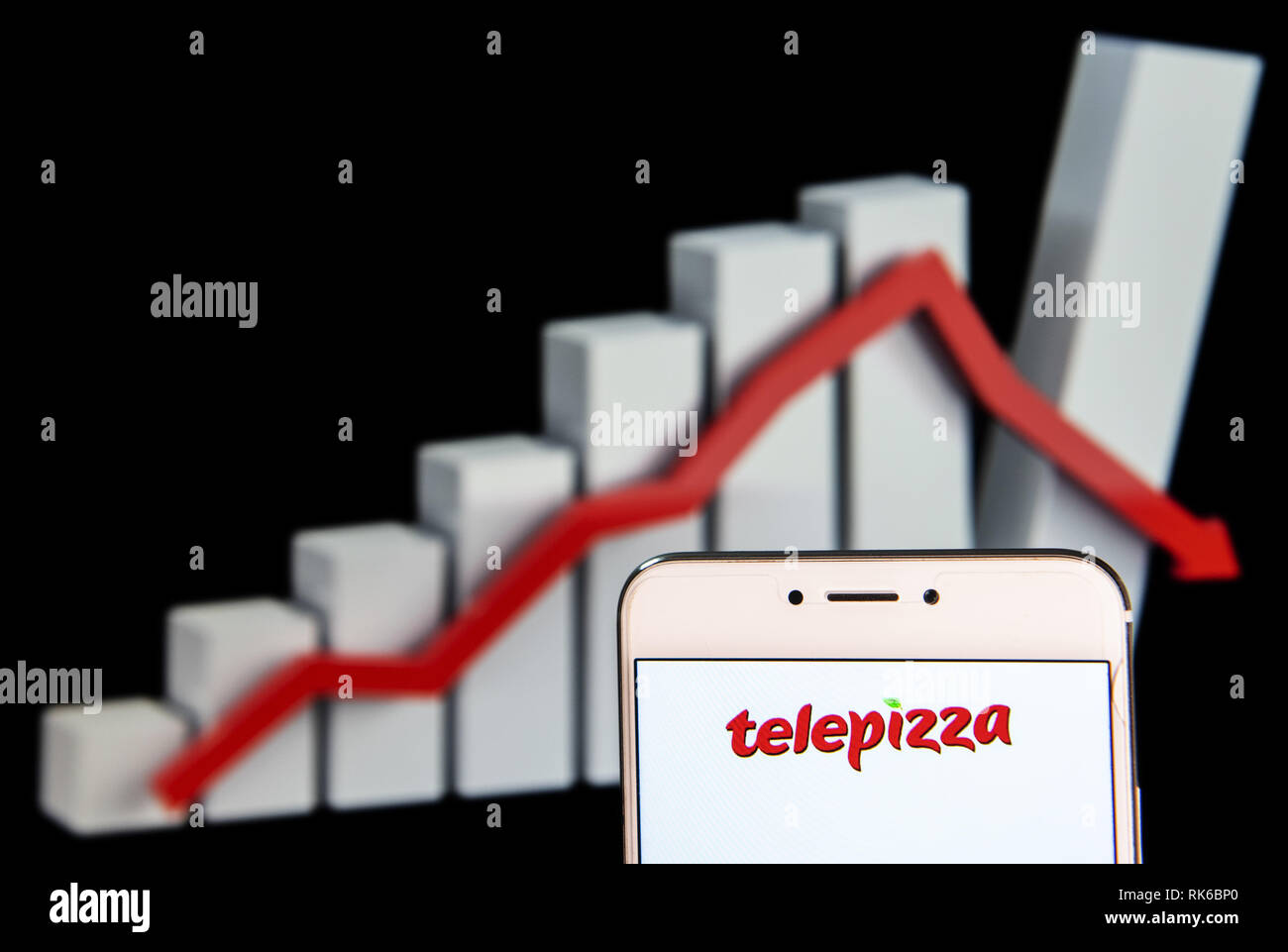 Hong Kong. 8th Feb, 2019. Spanish pizza restaurant franchise Telepizza logo is seen on an Android mobile device with a decline loses graph in the background. Credit: Miguel Candela/SOPA Images/ZUMA Wire/Alamy Live News Stock Photo