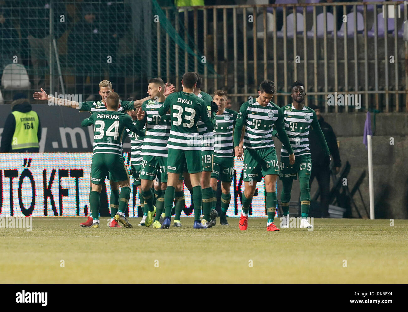 BUDAPEST, HUNGARY - MAY 12: (r-l) Leandro De Almeida 'Leo' of Ferencvarosi  TC celebrates the goal with Roland Varga of Ferencvarosi TC during the  Hungarian OTP Bank Liga match between Ferencvarosi TC