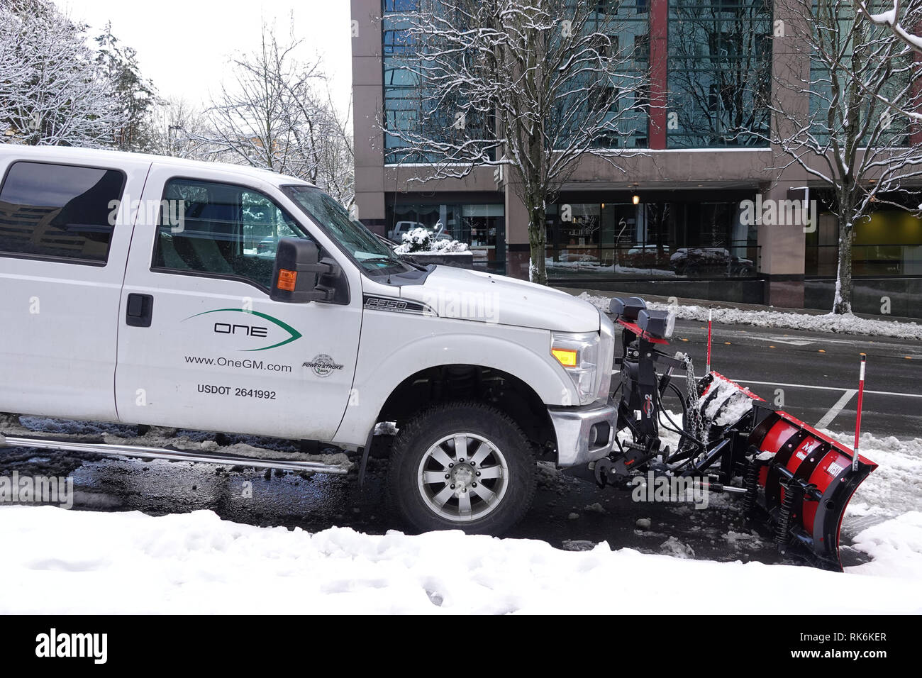Bellevue, WA, USA. 9th Feb, 2019. Bellevue is snowed in. Snowplows are on the roads Stock Photo