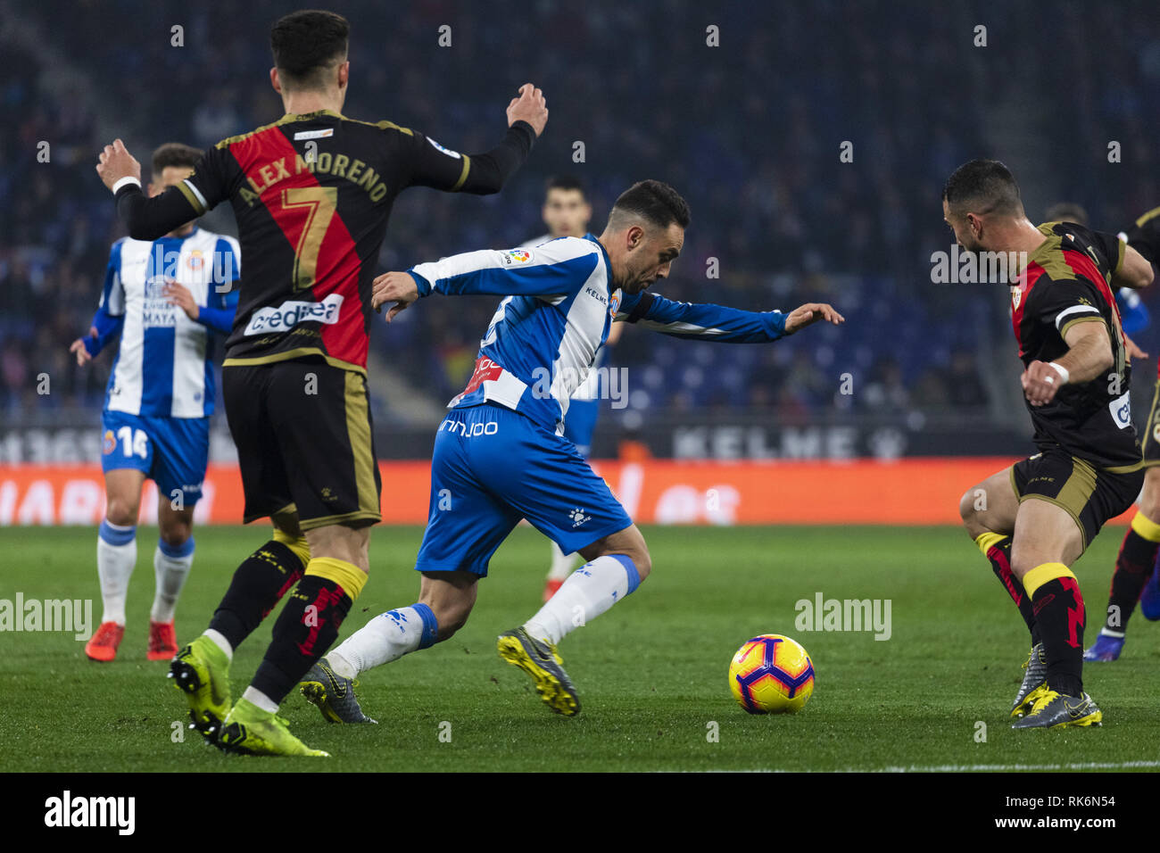 Barcelona, Spain. 9th Feb, 2019. RCD Espanyol's Sergio Garcia (2nd R) competes during a Spanish league match between RCD Espanyol and Rayo Vallecano in Barcelona, Spain, on Feb. 9, 2019. RCD Espanyol won 2-1. Credit: Joan Gosa/Xinhua/Alamy Live News Stock Photo