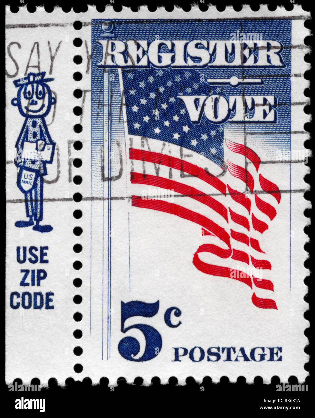 USA - CIRCA 1964: A Stamp printed in USA shows the U.S. Flag, with the inscription 'Register Vote' and a cartoon mailman, circa 1964 Stock Photo
