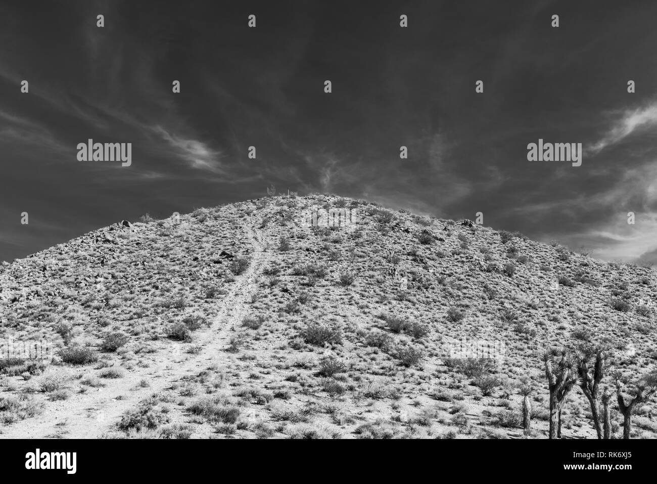 Dirt road leading up to top of desert mountainside under bright blue sky. Black and white. Stock Photo