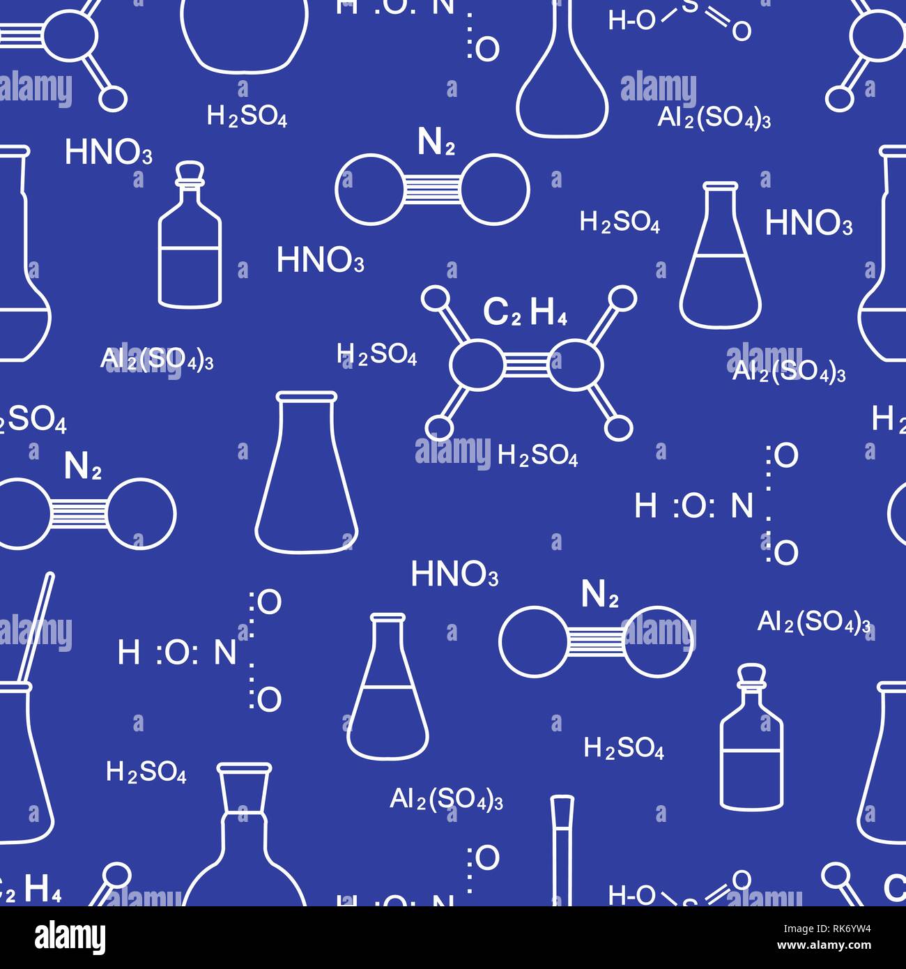 Scientific vector seamless pattern with flasks, beakers, molecule