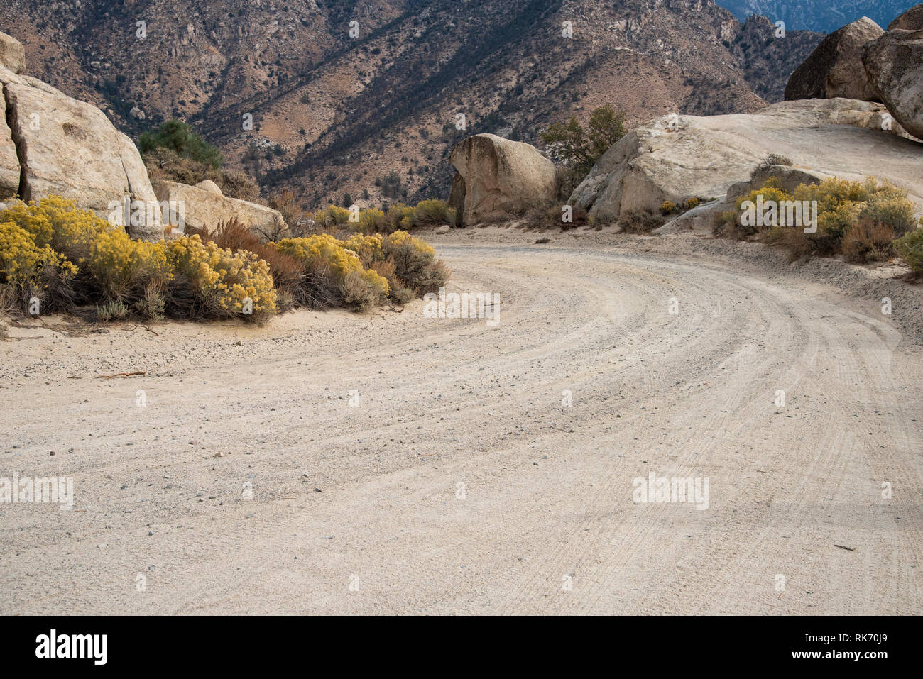 Closeup of mountain dirt road curving around rocks with yellow bushes on each side of road. Stock Photo