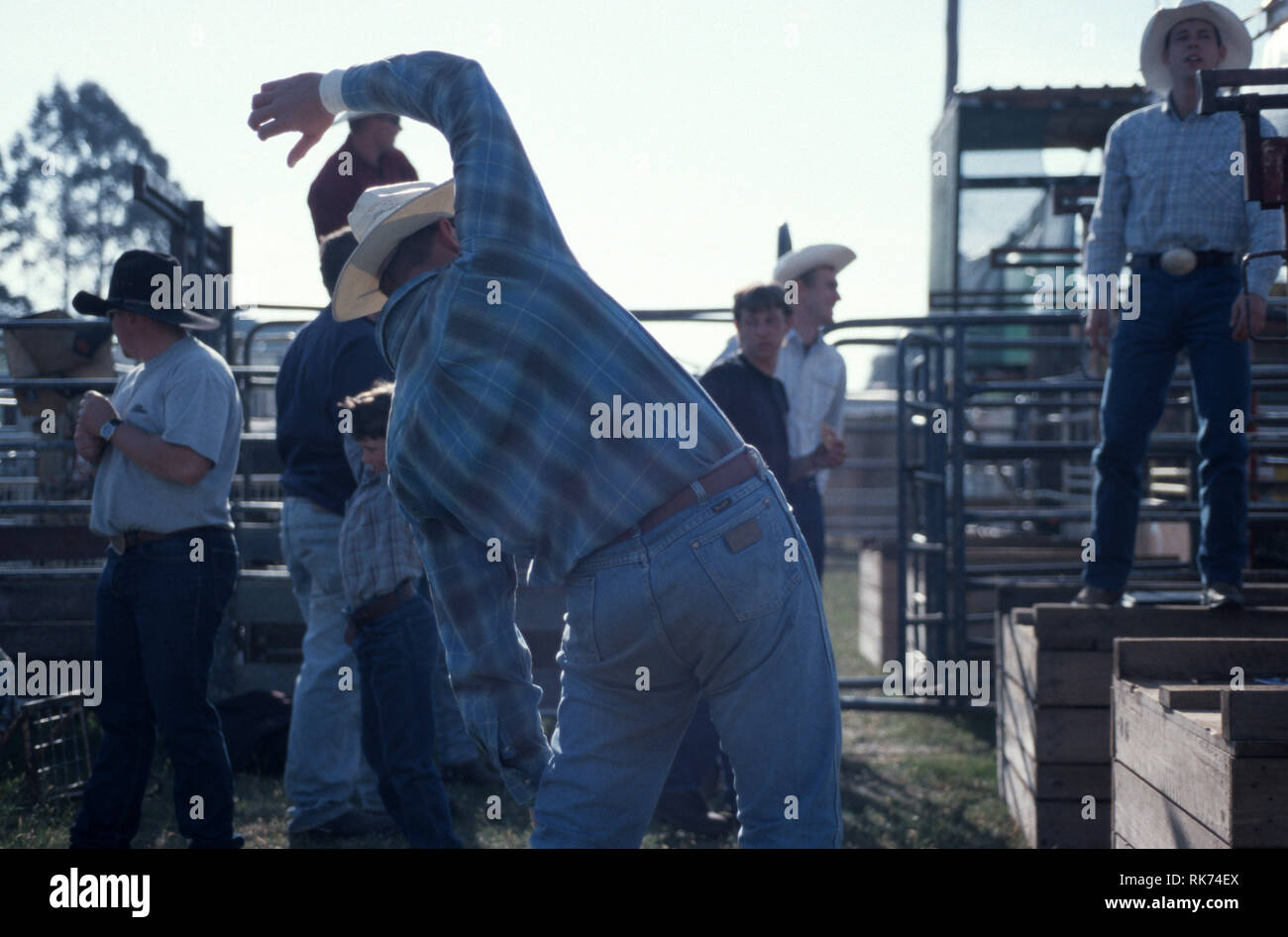 Aerobics bronco style: a rider warms up before his event at the South ...