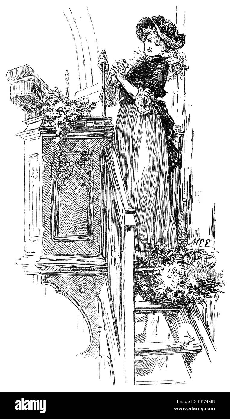Illustration by Mary Ellen Edwards (1838-1934) of a young lady in Victorian costume cleaning the pulpit of a church. From Nister's Holiday Annual 1892. Stock Photo