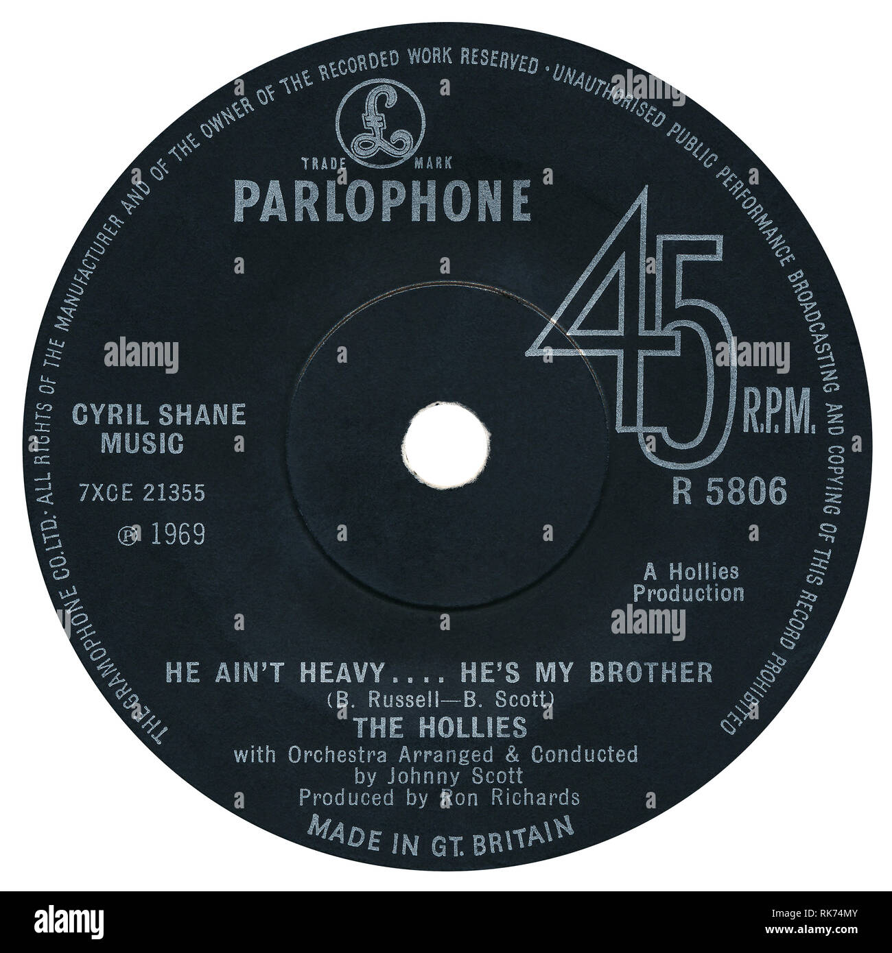 UK 45 rpm single of He Ain't Heavy… He's My Brother by The Hollies on the Parlophone label from 1969. Written by Bobby Scott and Bob Russell, arranged by Johnny Scott and produced by Ron Richards. Stock Photo