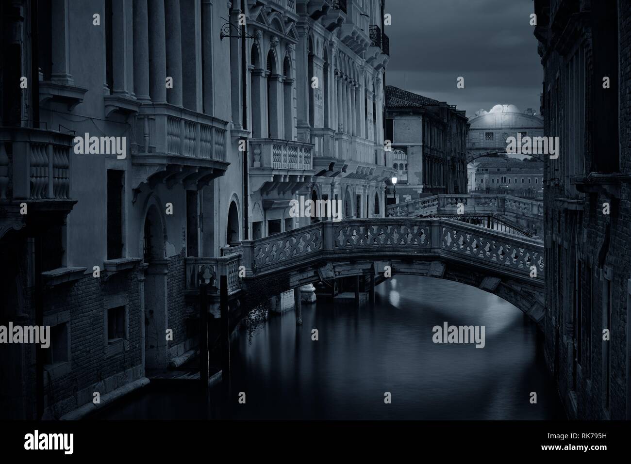 Venice Canal View At Night With Bridge And Historical Buildings. Italy ...