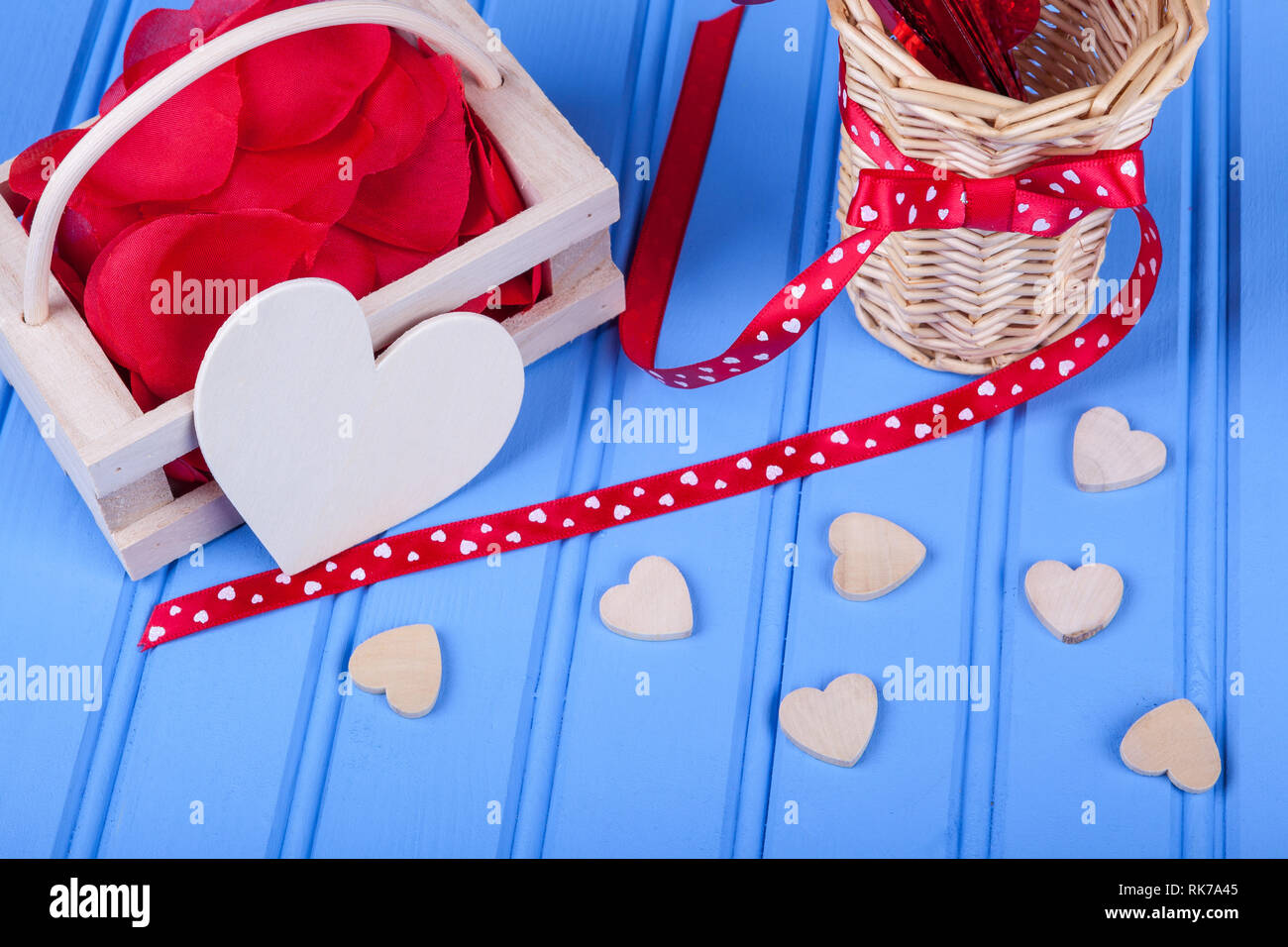 Valentine's day concept horizontal photo, top view accessory decoration on blue background Stock Photo