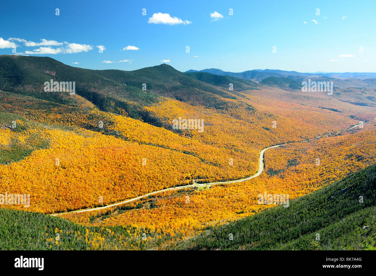 Highway and Autumn foliage mountain top view in White Mountain, New