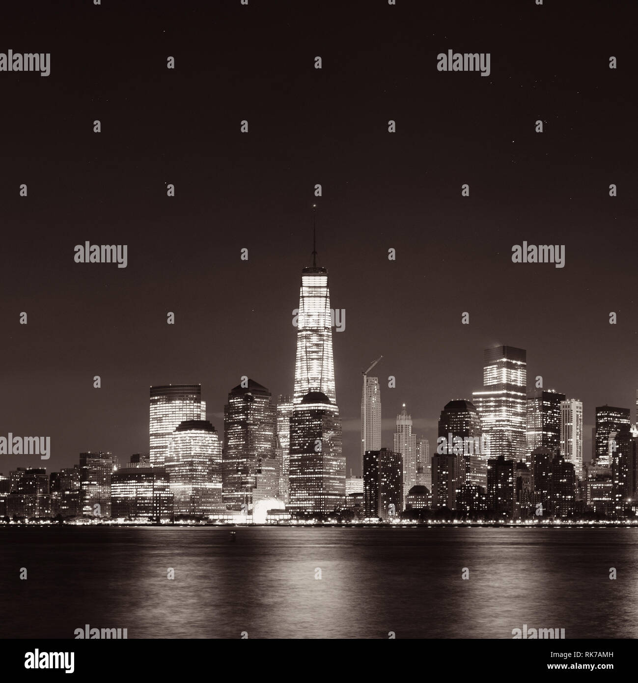 New York City skyline at night with downtown skyscrapers Stock Photo ...