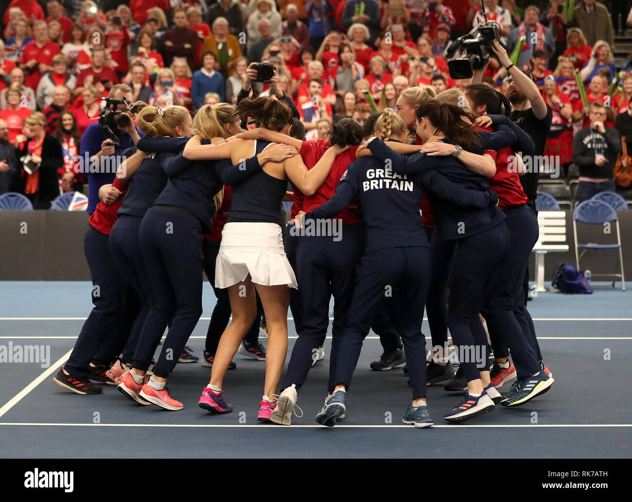 Great Britain's Johanna Konta and her team-mates celebrate after victory during day four of the Fed Cup at Bath University. Stock Photo