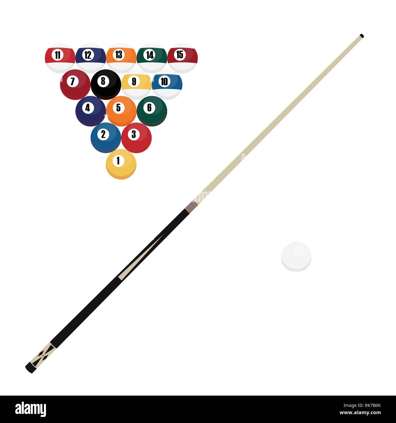 Vector illustration set of pool, billiard balls and cue isolated on ...