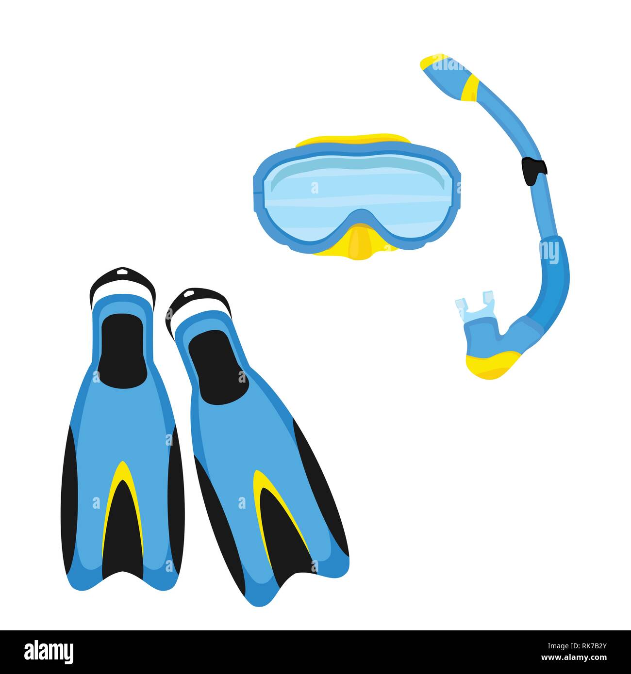 Blue diving maks, diving tube, swimming equipment, flippers isolated on white background Stock