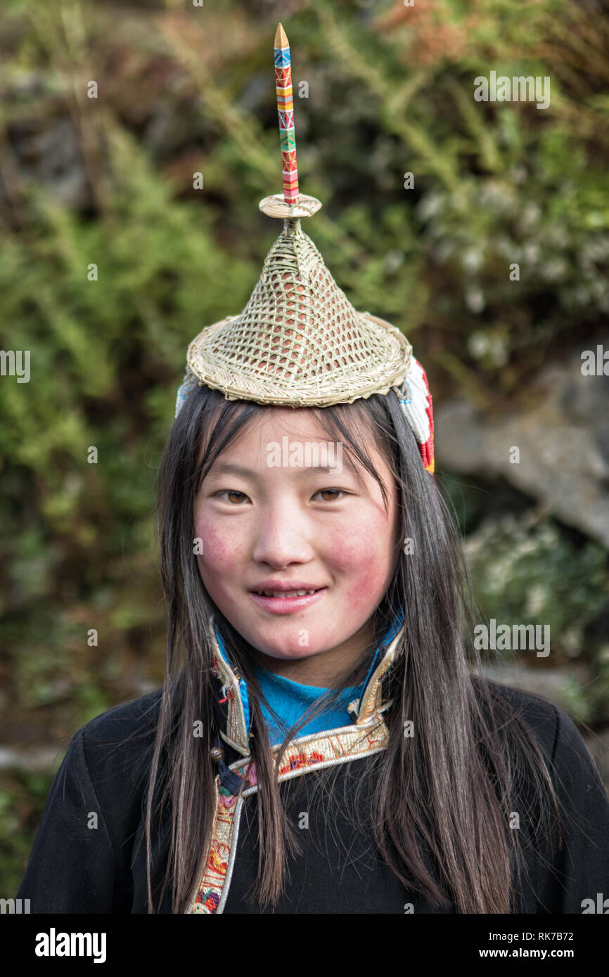 Layap girl in traditional dress in Laya, Gasa District, Snowman Trek, Bhutan Stock Photo