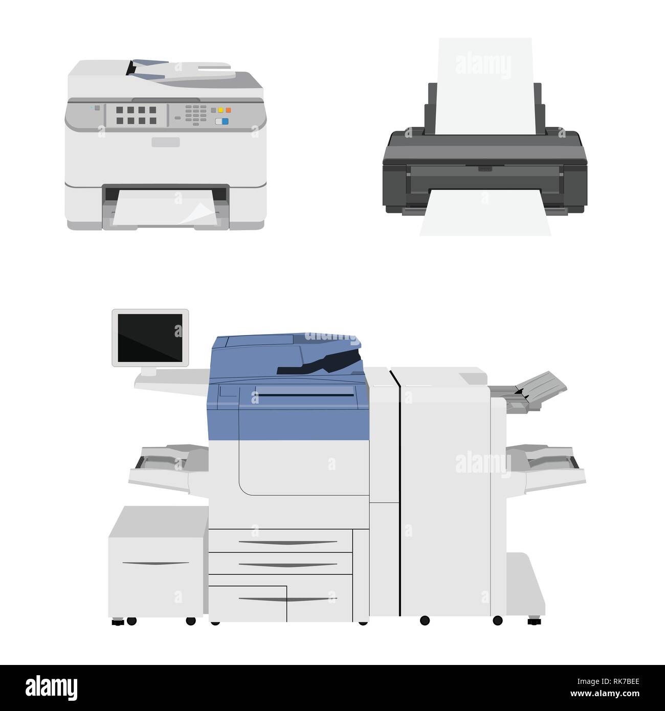 Office multifunction printer scanner. Copier paper isolated on