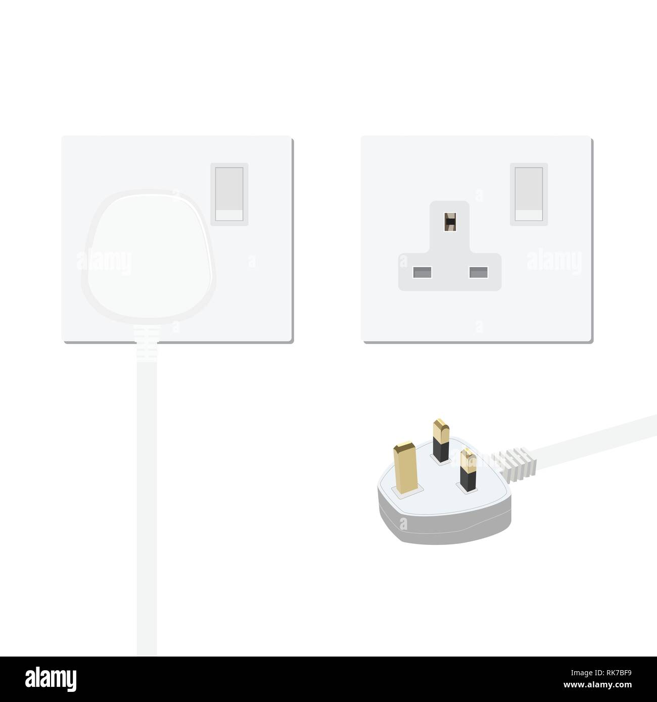 Realistic white plug inserted in electrical outlet, power socket and uk