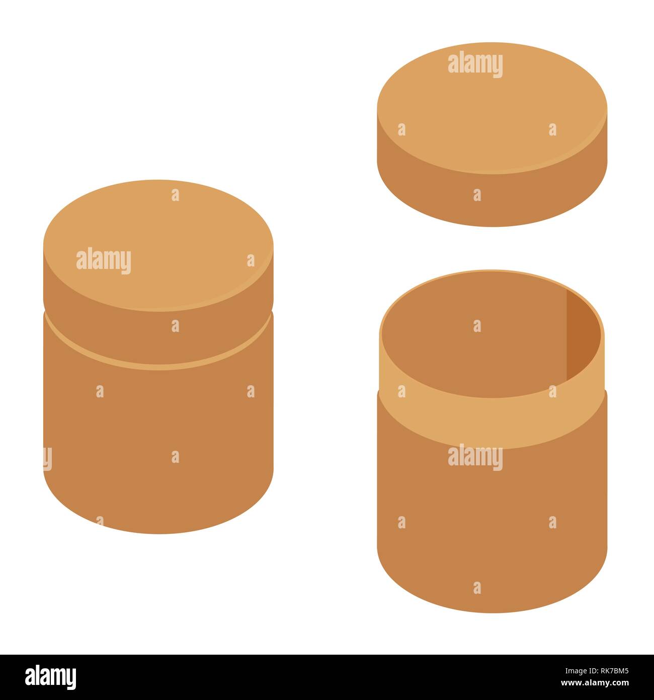 Vector illustration isometric 3d brown cylinder box for tee or coffee. Brown cardboard package set, collection Stock Vector