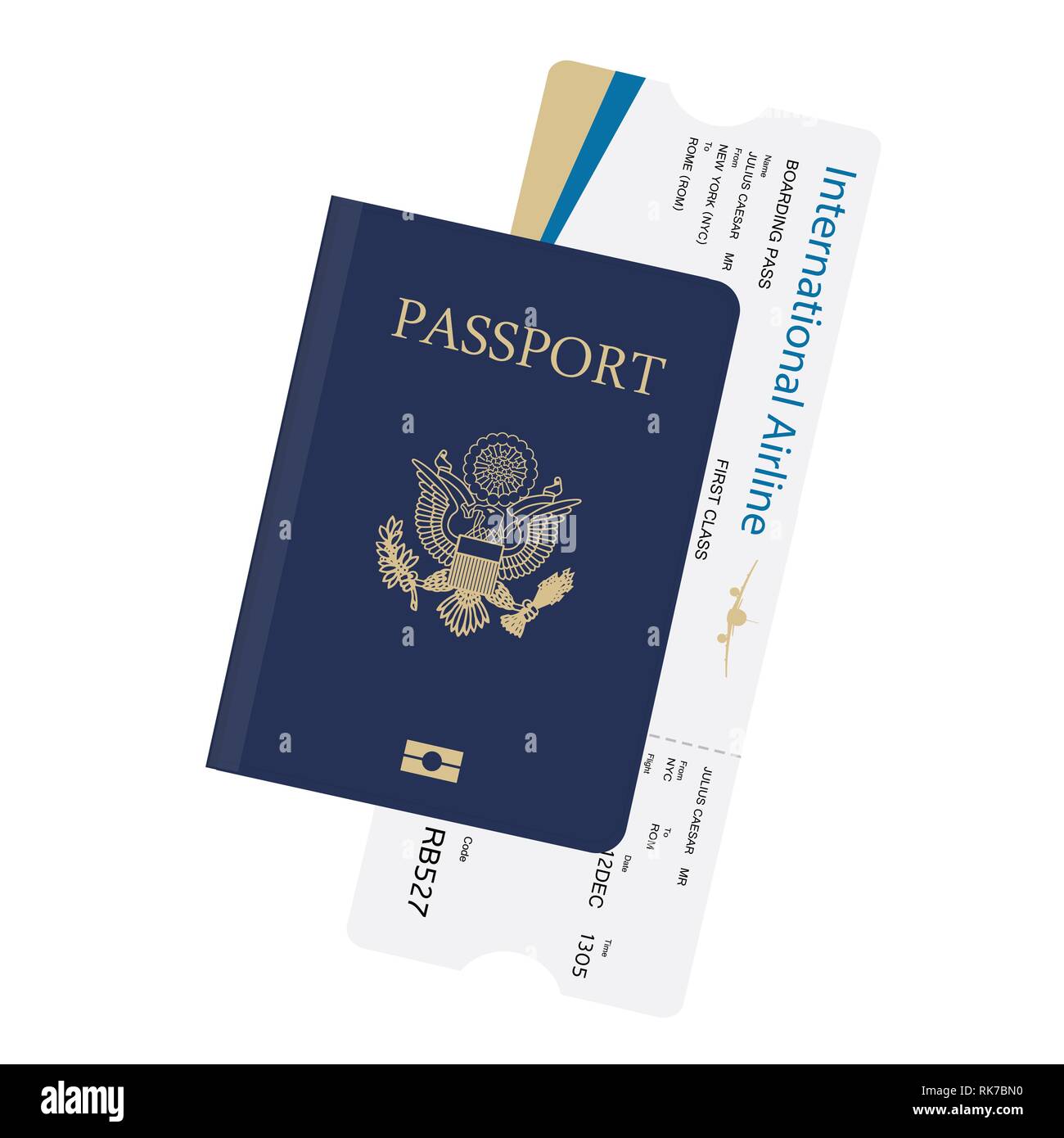 Vector illustration airline boarding pass ticket in blue passport ...