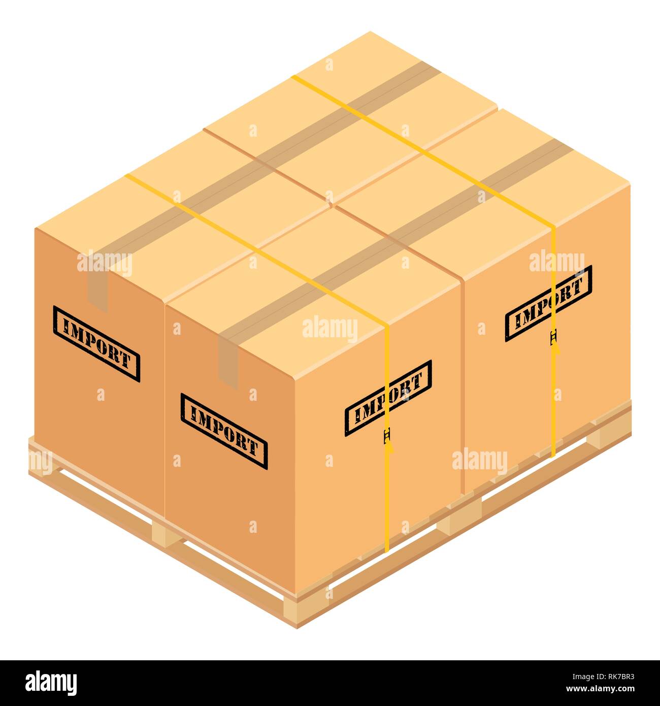 Boxes on wooden pallet. Warehouse cardboard parcel boxes stack wooden pallet isometric 3d