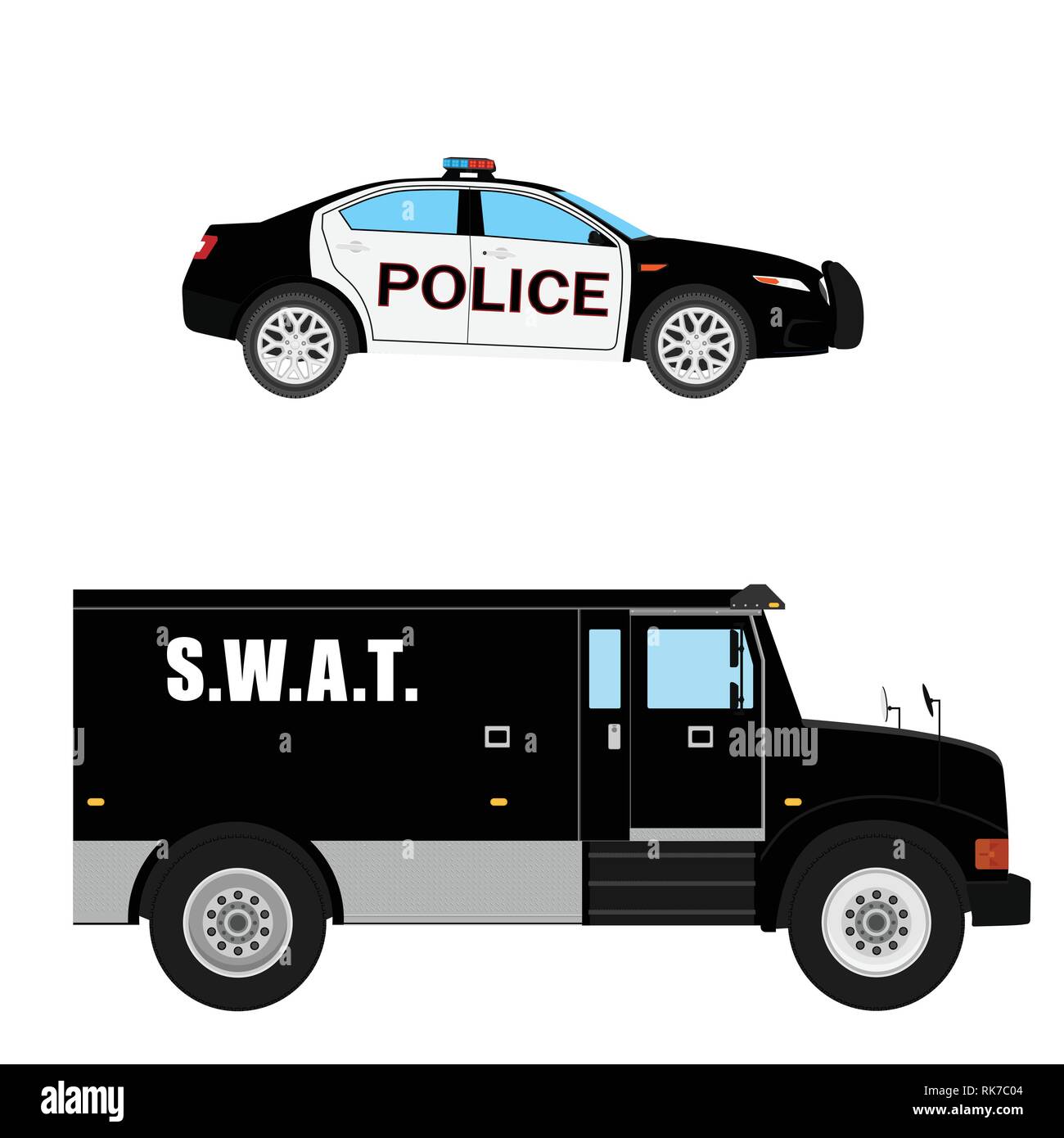 Vector illustration. Swat vehicle and police car realistic hi- detailed isolated on white background. Armored transport Stock Vector