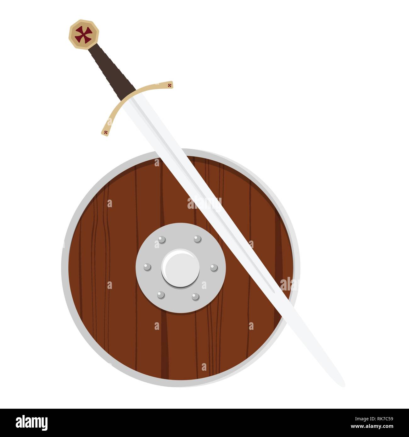 Vector illustration wooden viking shield and sword isolated on white background. Round ancient shield Stock Vector