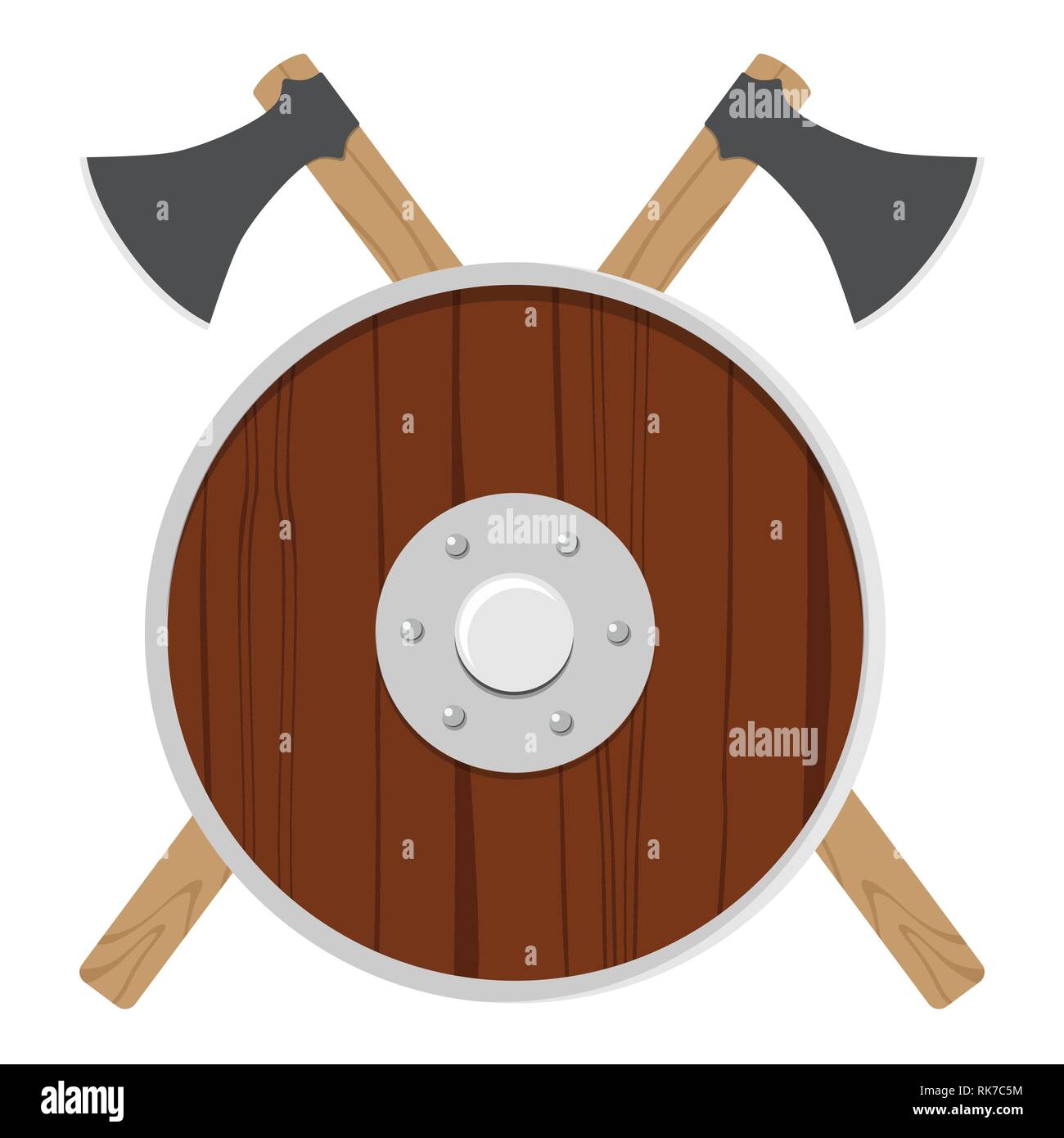 Vector illustration wooden viking shield and two crossed axes isolated on white background. Round ancient shield Stock Vector