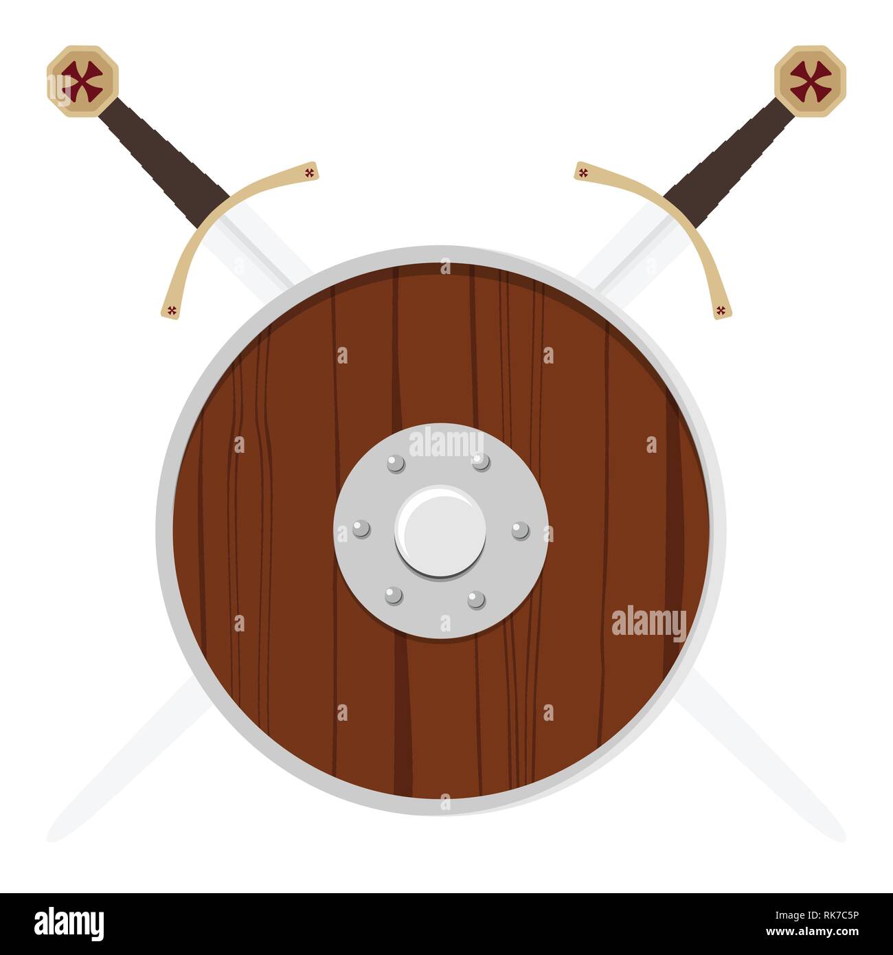 Vector illustration wooden viking shield and two crossed swords isolated on white background. Round ancient shield Stock Vector