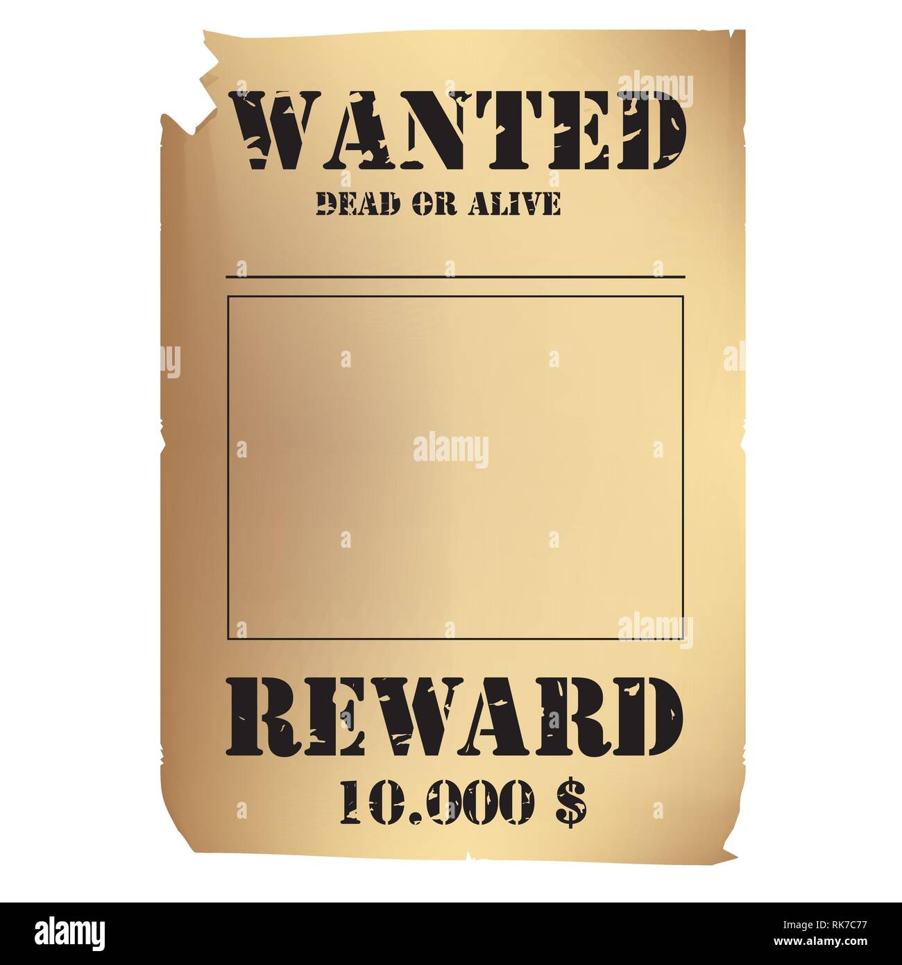 Vector illustration vintage western wanted poster template. Wild West. Old wanted placard poster template, with dead or alive inscription, money cash  Stock Vector
