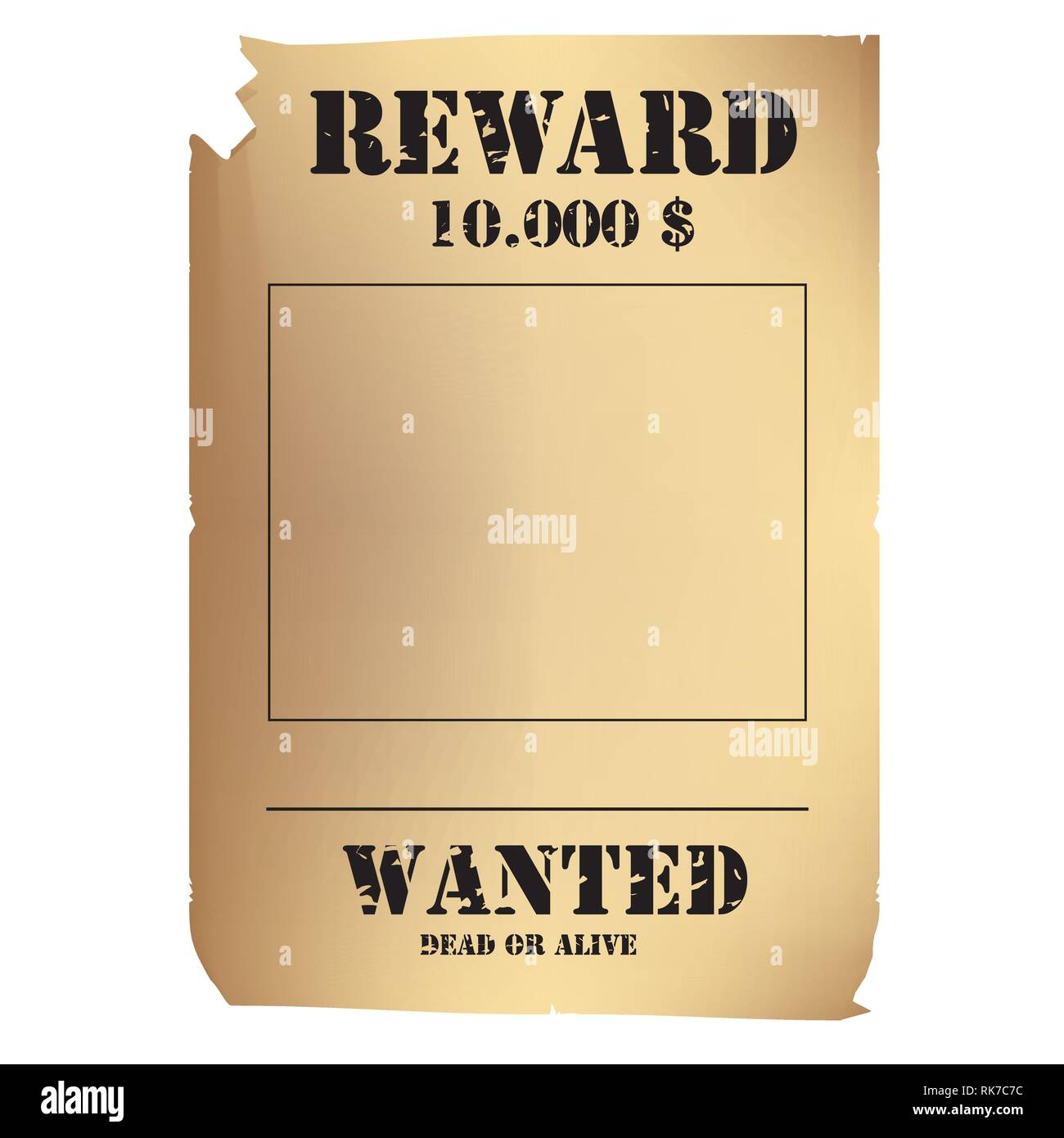 Vector illustration vintage western wanted poster template. Wild West. Old wanted placard poster template, with dead or alive inscription, money cash  Stock Vector