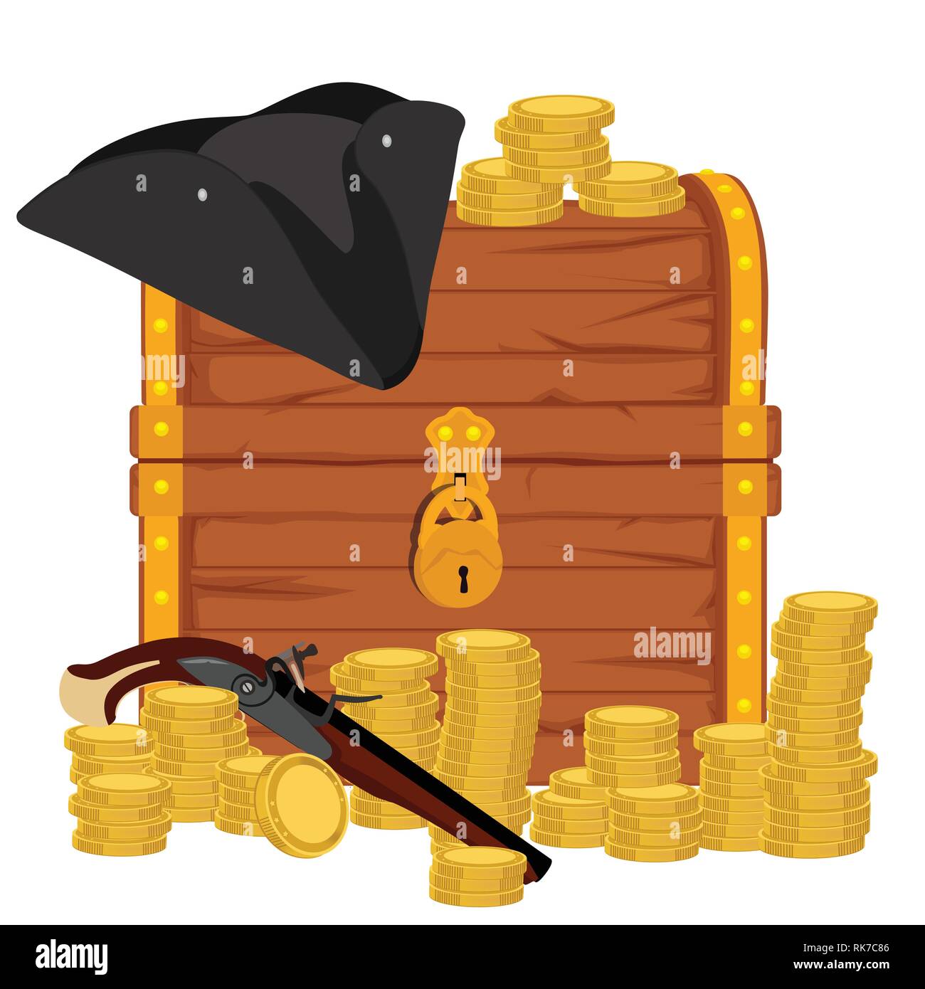 Vector icon with cartoon closed brown wooden pirate chest with golden ...