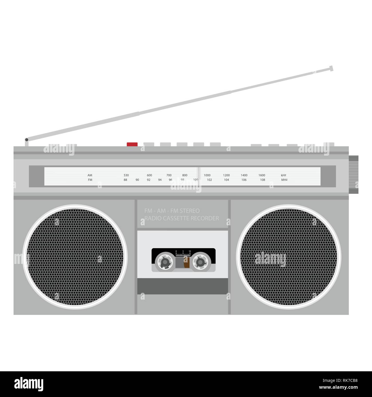 Retro outdated portable stereo boombox radio cassette recorder from 80s . Stock Vector