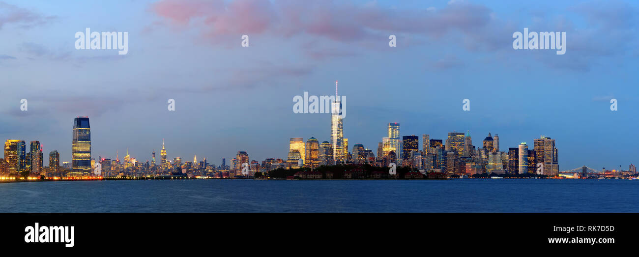 New York City downtown skyline panorama at blue hour Stock Photo - Alamy