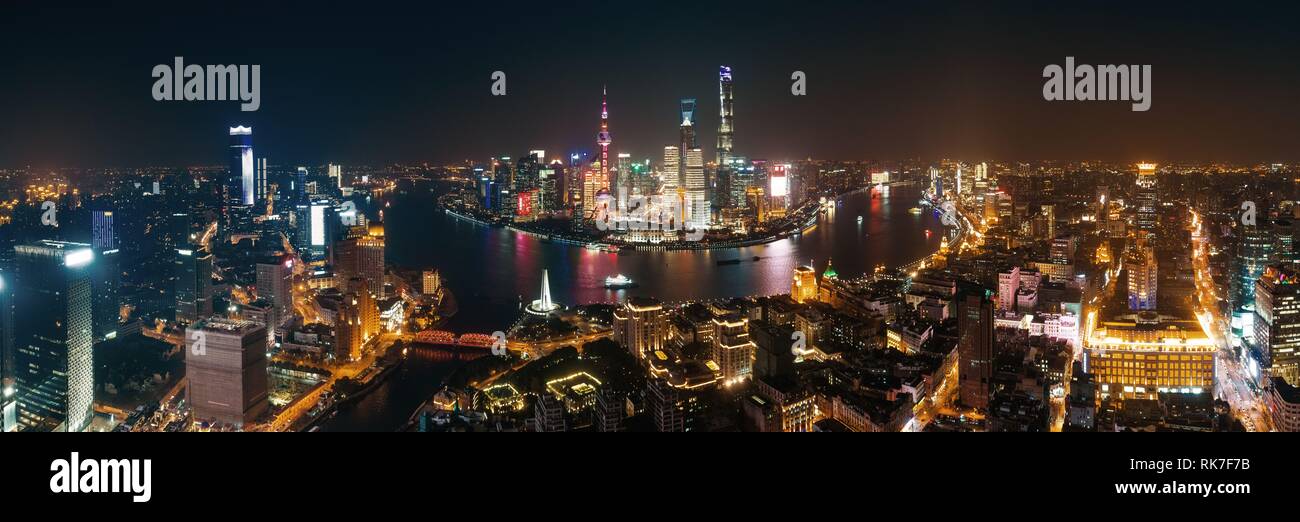 Shanghai Pudong aerial night view from above with city skyline and ...