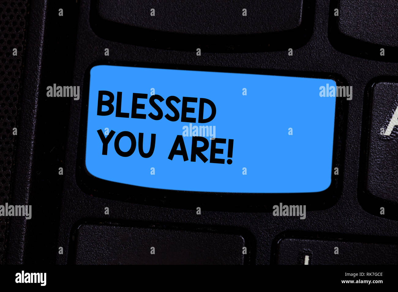 Text sign showing Blessed You Are. Conceptual photo Spiritual gratitude believe in a greater power to have faith Keyboard key Intention to create comp Stock Photo