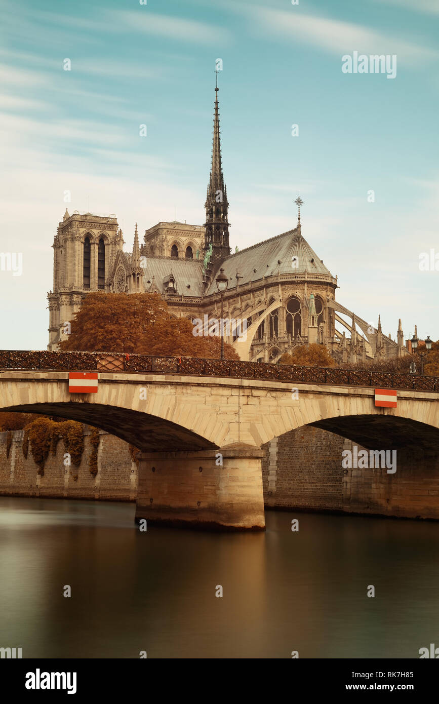 Paris River Seine with NotreDame cathedral and bridge in France Stock