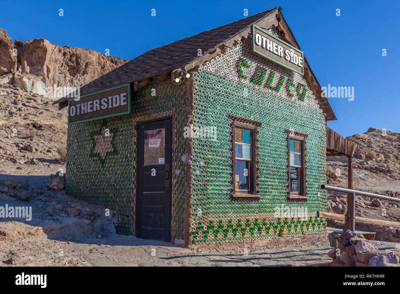 A bottle house in the Calico ghost town in California, Usa. The Calico Bottle House was built after 1951 and built with more than 5,000 bottles. Stock Photo
