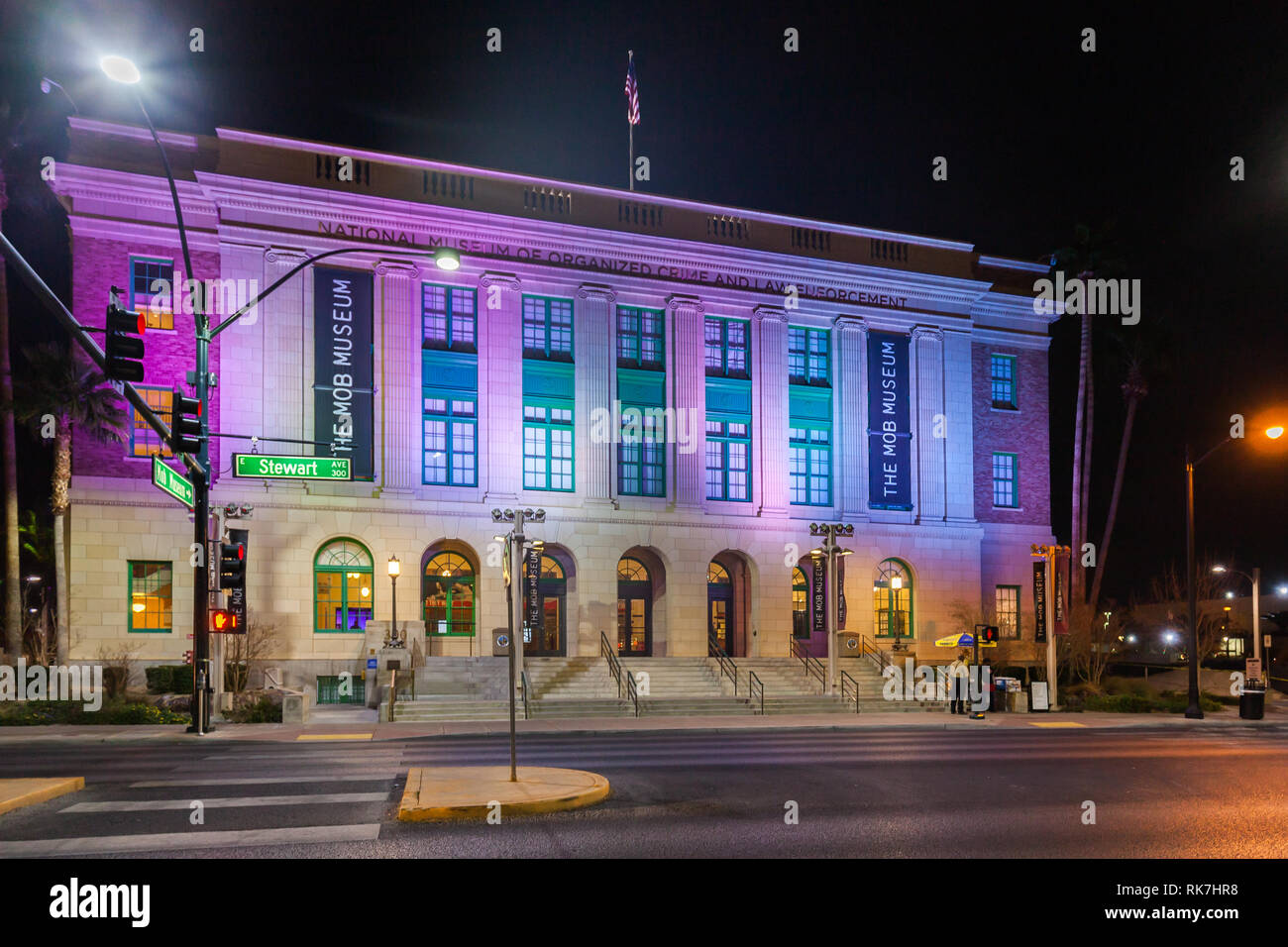 LAS VEGAS, NEVADA, USA - JANUARY 1ST, 2018: Night view of The Mob Museum, officially the National Museum of Organized Crime and Law Enforcement, Stock Photo