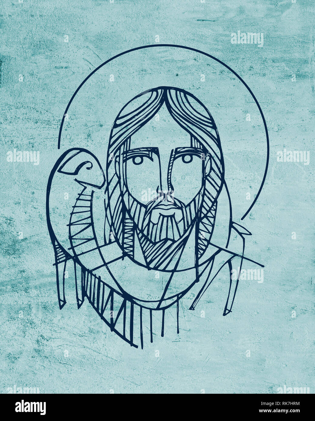 Hand drawn illustration or drawing of Jesus Christ Good Shepherd Stock Photo
