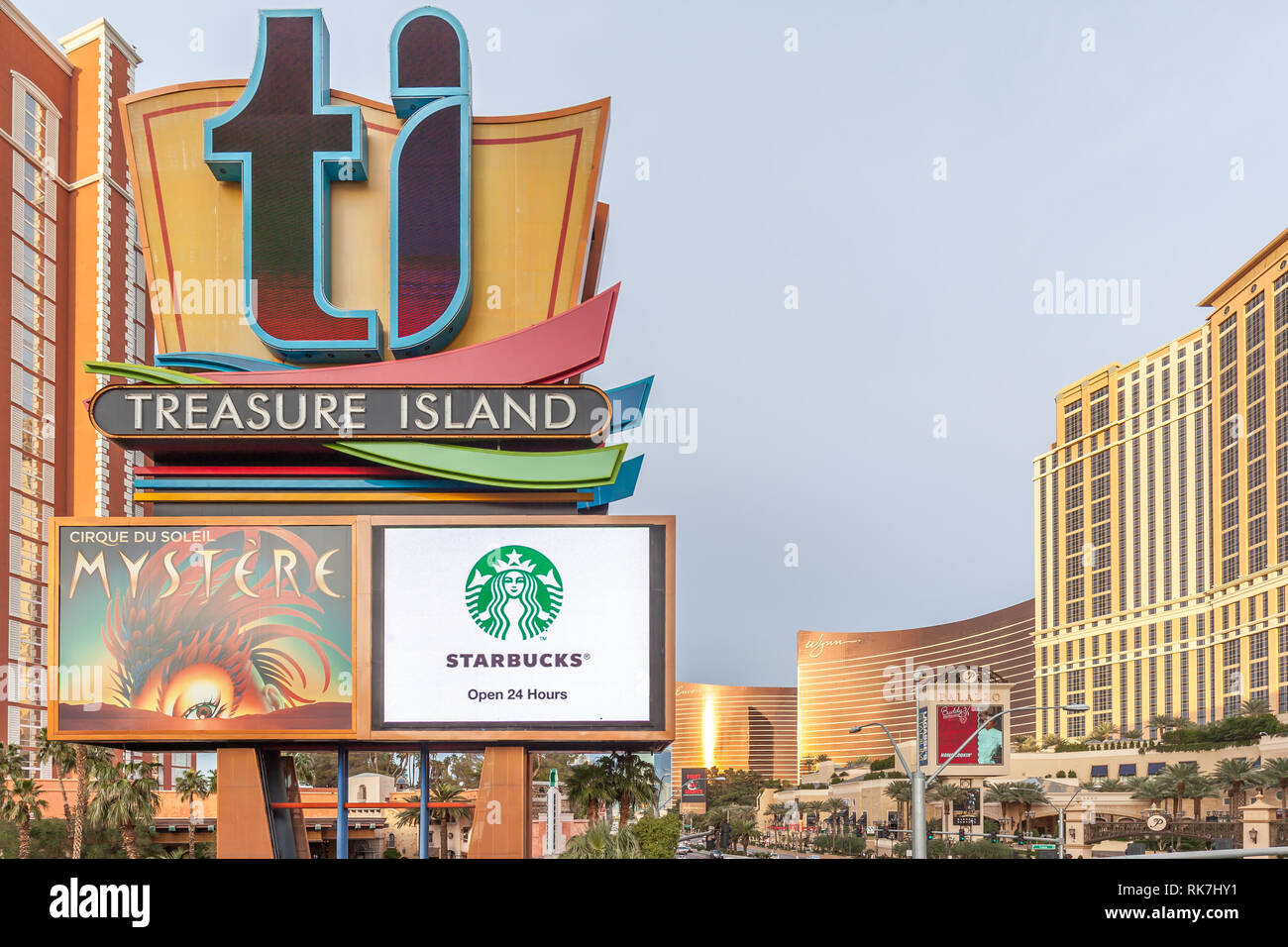 Sign of Treasure Island Hotel & Casino in 2018, Treasure Island is a hotel and casino located on the Las Vegas Strip in Paradise, Nevada, USA. Stock Photo